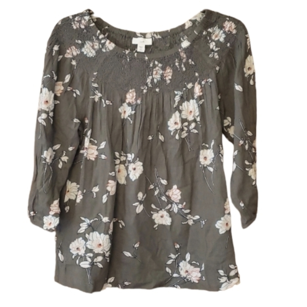 J. Jill Womans Green Floral Smocked Off the Shoulders Peasant Boho Blouse